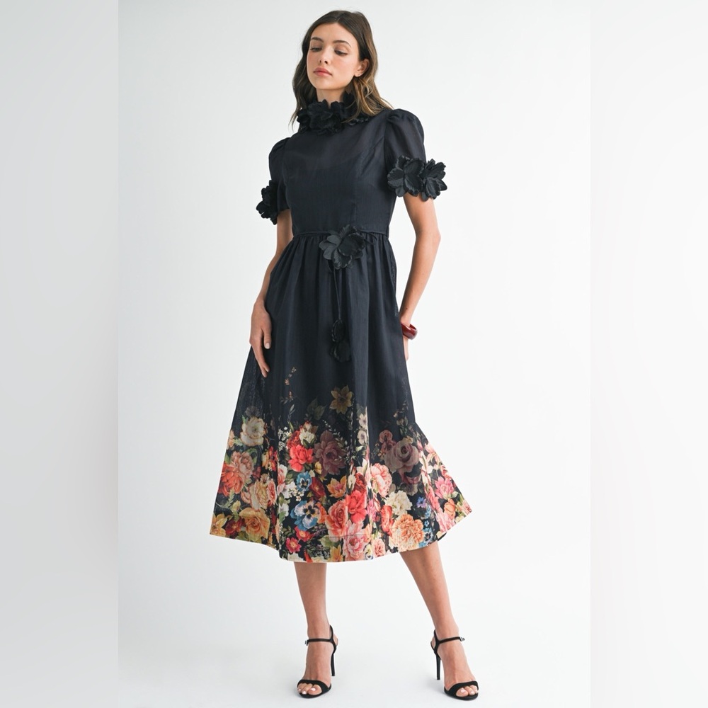 3D Floral Trim High Neck Short Sleeve Midi Dress - EB Luxe